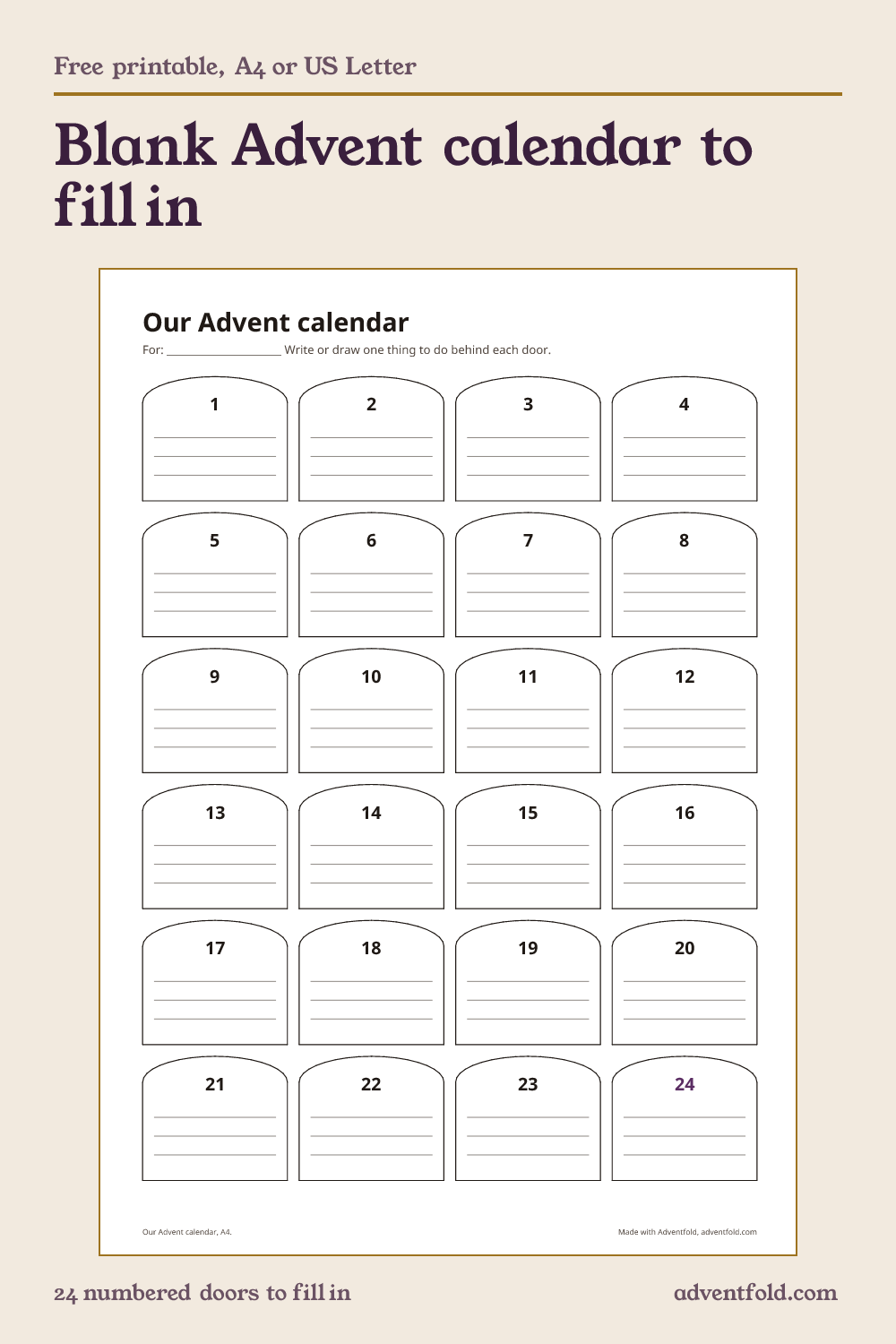 Preview of the blank advent calendar to fill in printable